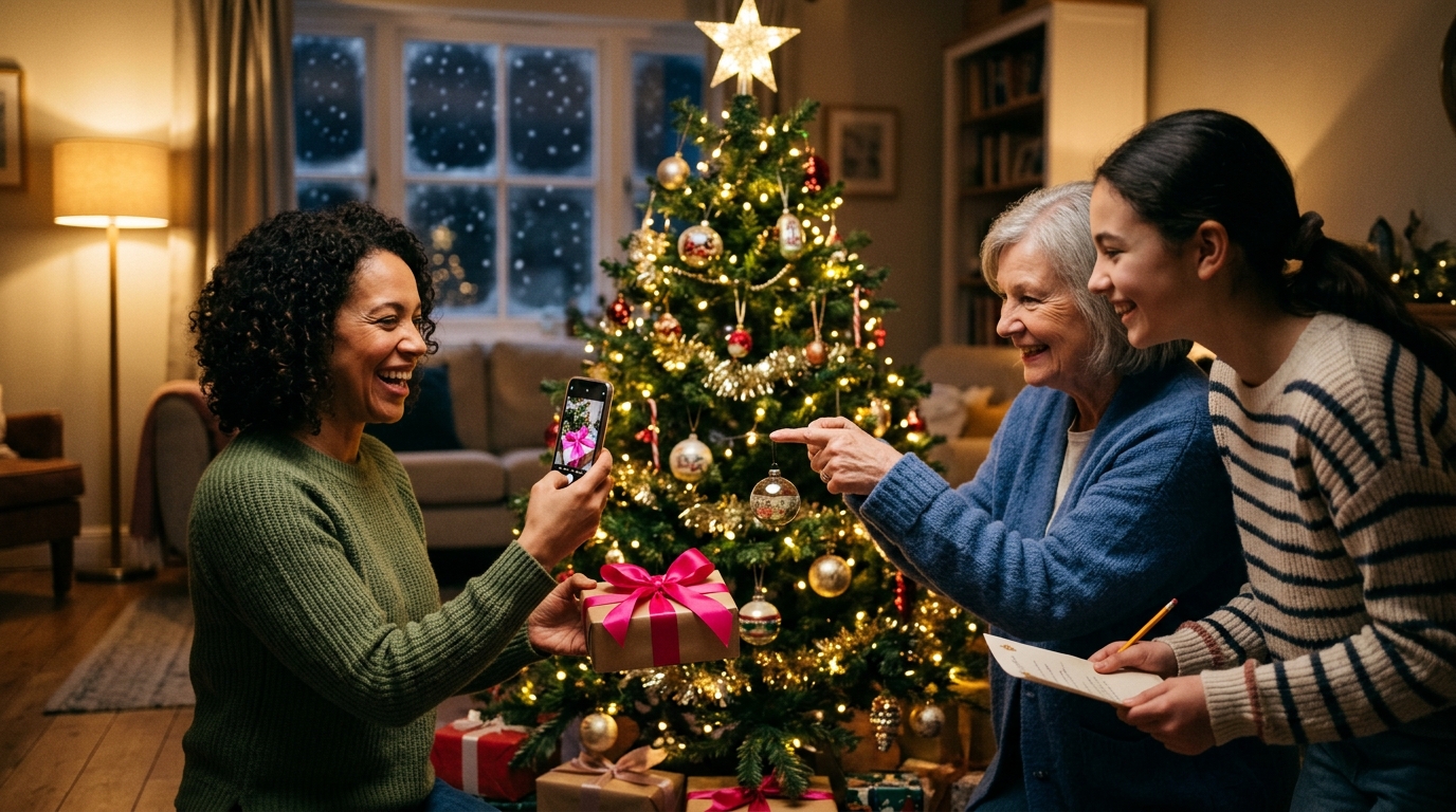 A family team of adults and teenagers beside a lit Christmas tree in a living room, one holding up a phone to photograph a wrapped present tied with a pink ribbon while a grandparent points at an ornament.