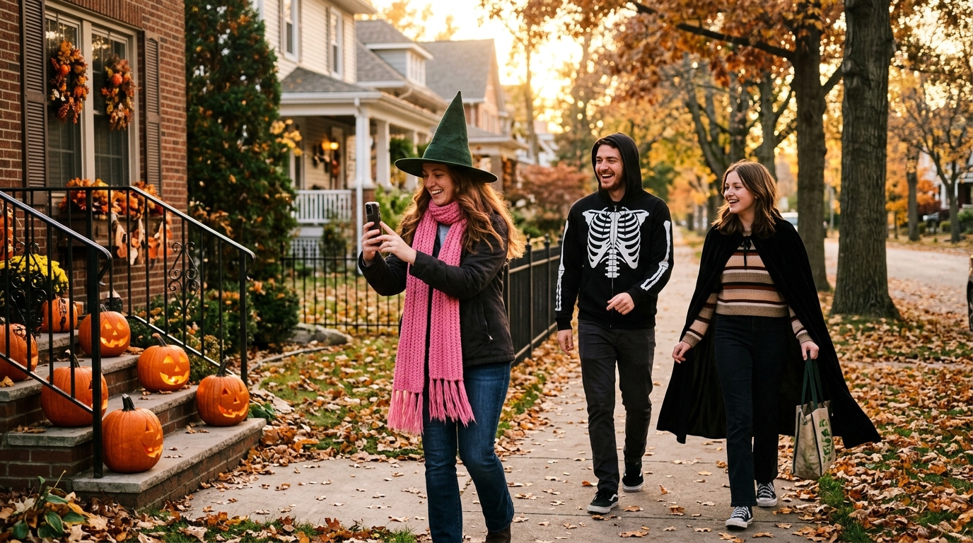 A small group of adults and teenagers in simple Halloween costumes on a leafy sidewalk at dusk, one holding up a phone to photograph a row of carved pumpkins on a porch step.