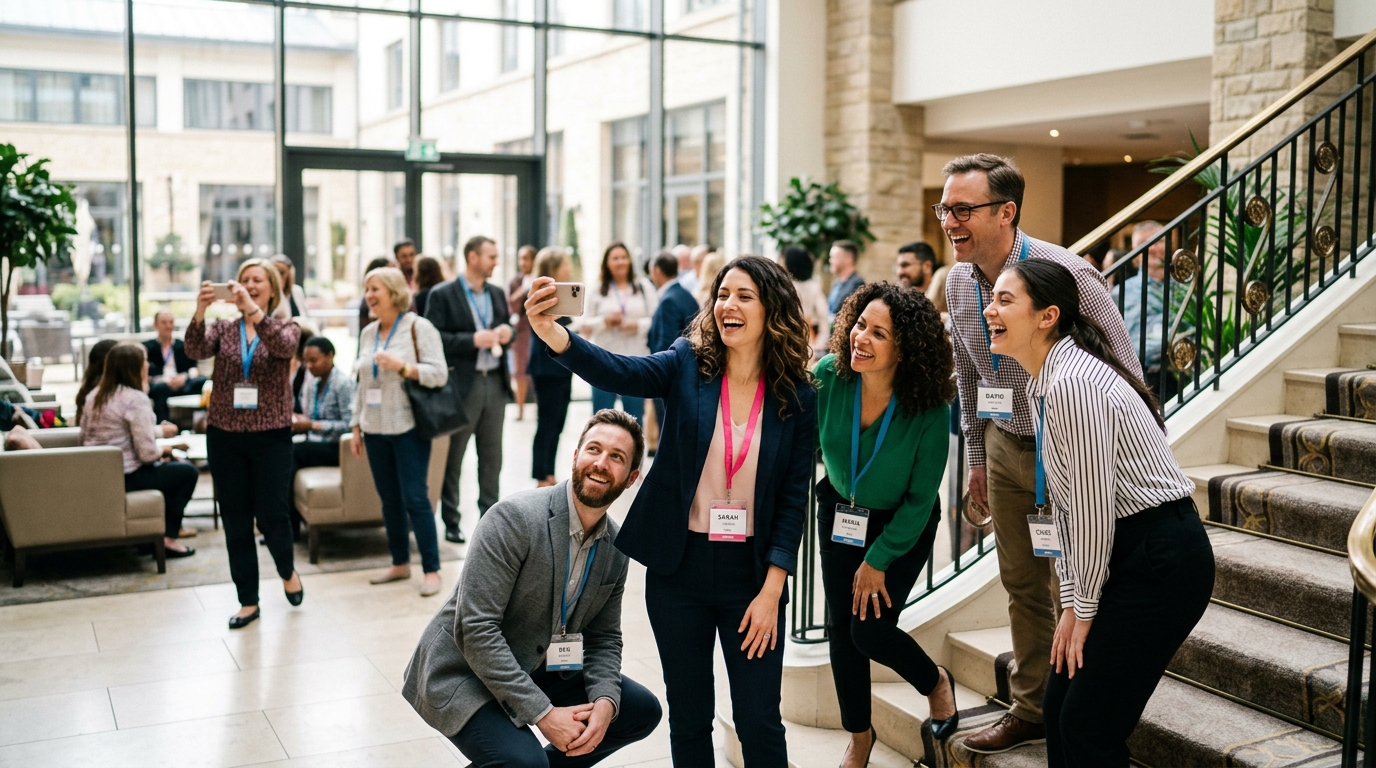 A team of five adults in a crowded conference lobby mid icebreaker, crouching and standing at different heights for a team photo while one of them holds up a phone to take it.