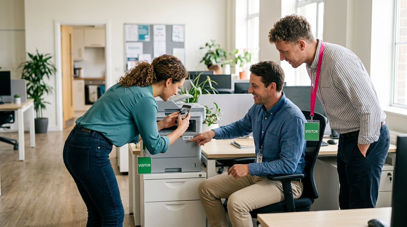 Three new hires wearing lanyards in an open-plan office, one photographing a printer's name label with a phone while a seated colleague turns to point them toward it.