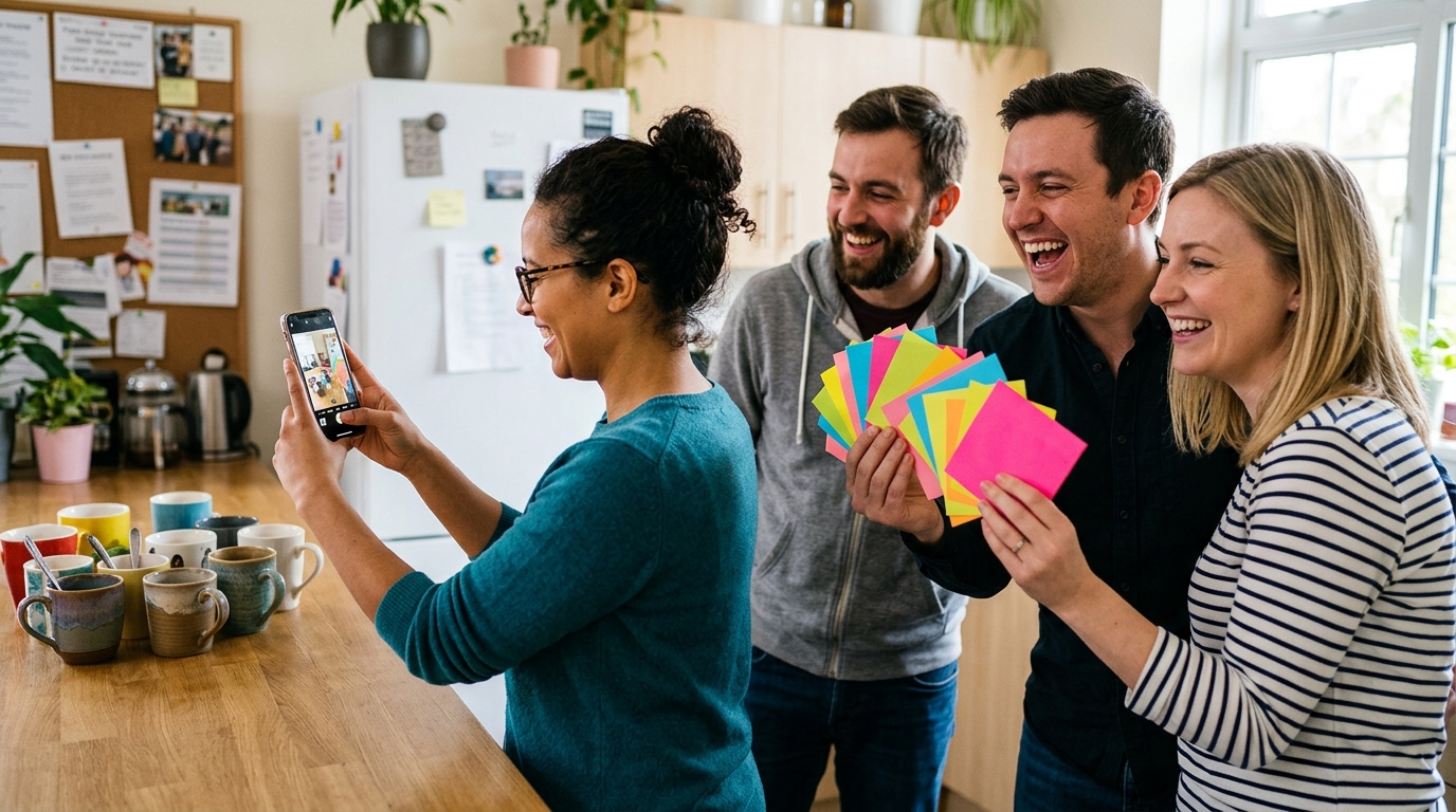 Four coworkers in an office kitchen mid scavenger hunt, one photographing a row of mismatched mugs on the counter while the others fan out colored sticky notes.