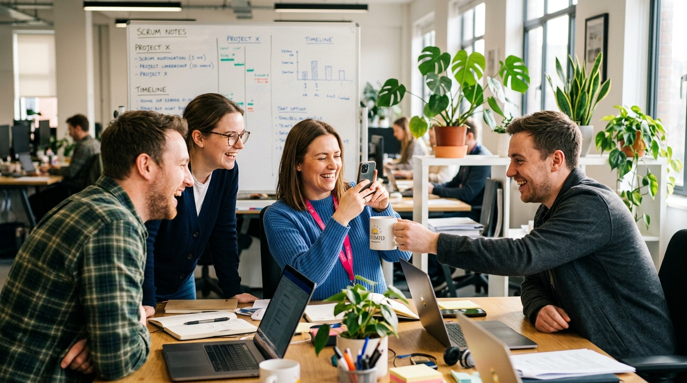 A small mixed team of coworkers in an open-plan office mid scavenger hunt, one holding up a phone to photograph a colleague's mug while the others laugh.