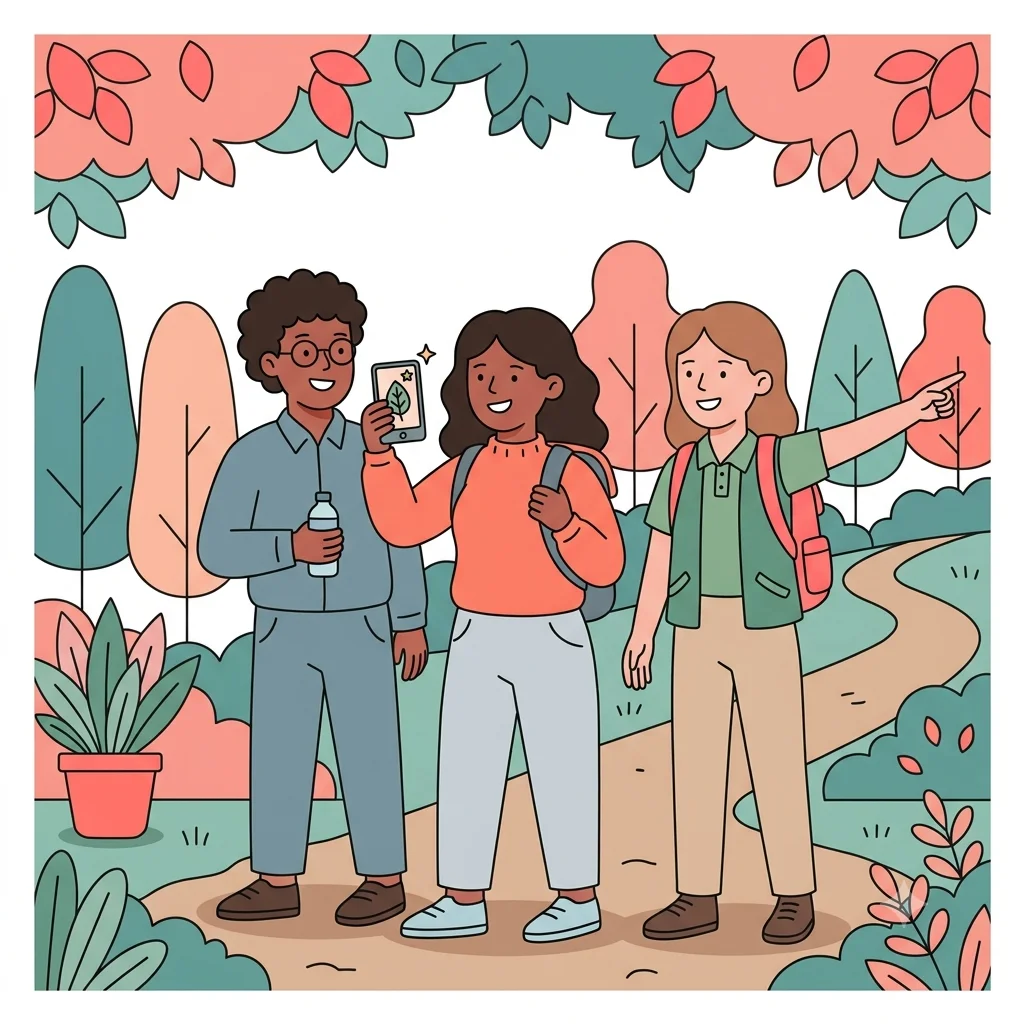 Three students with backpacks on a forest trail, one photographing a leaf on their phone while another points ahead