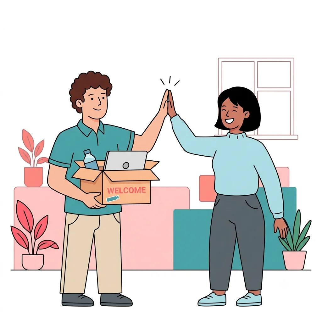 Two coworkers high-fiving next to an open welcome box labeled WELCOME with a laptop and water bottle