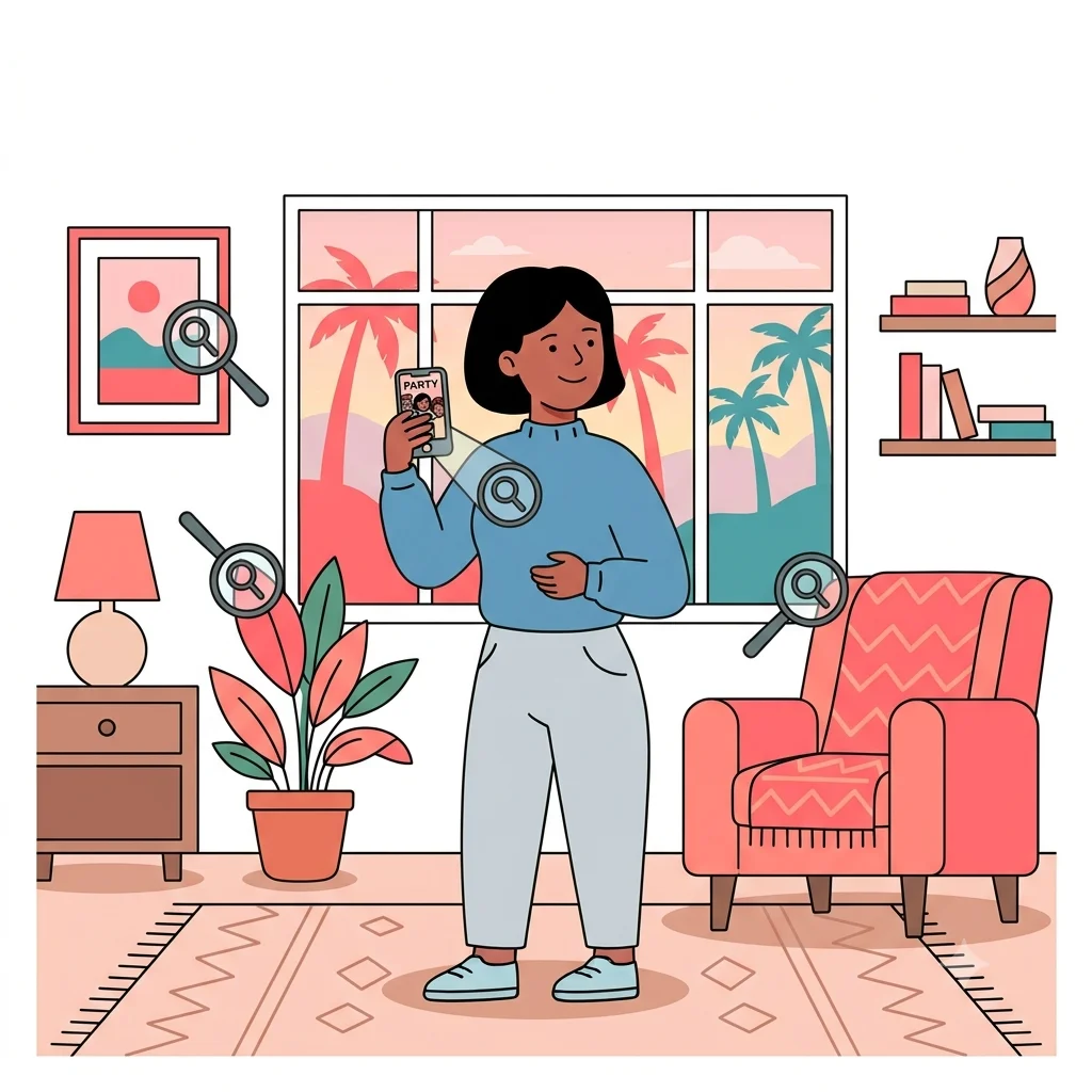 A person in a rental living room holding up a phone with magnifying glass icons around them, palm trees visible through the window