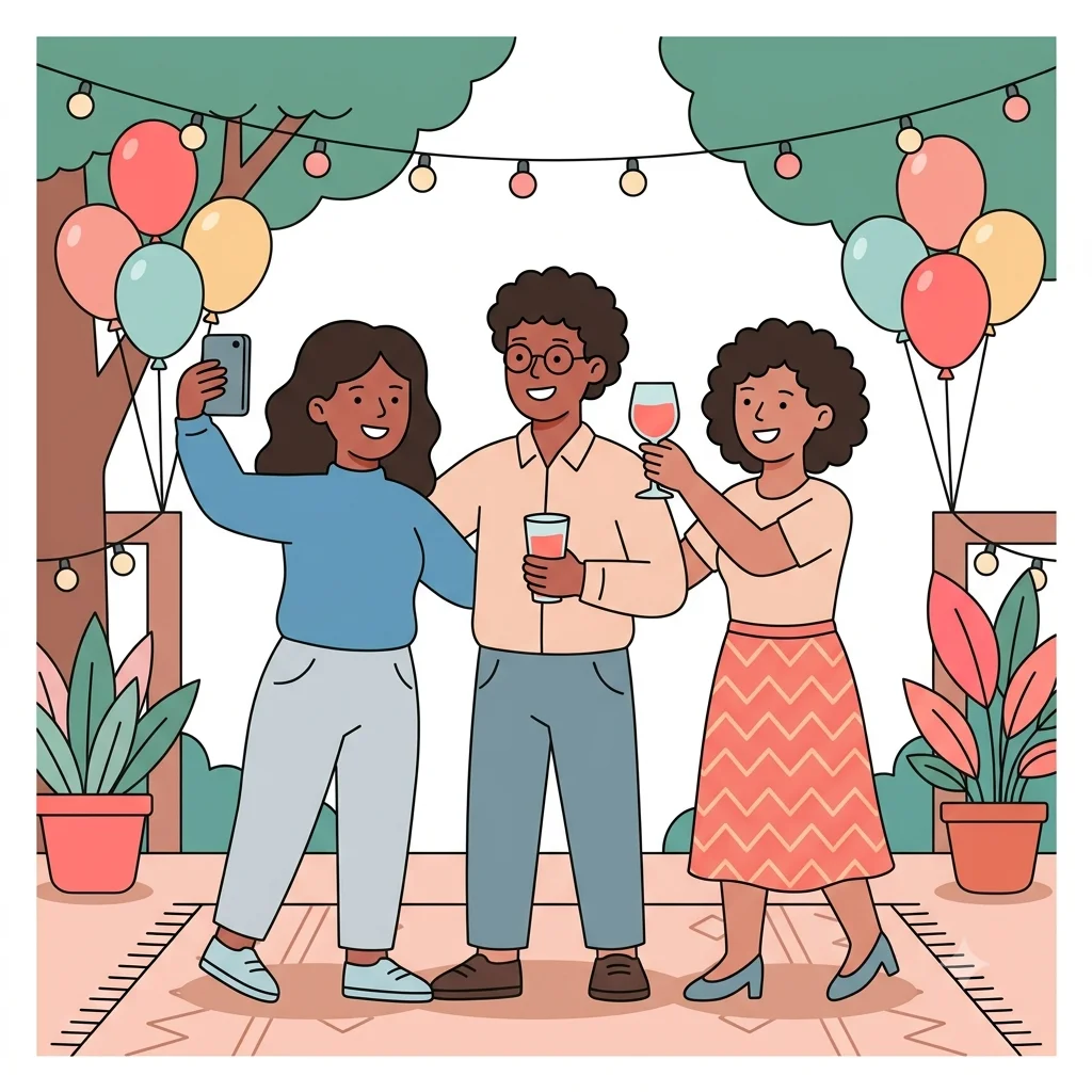 Three wedding guests celebrating outdoors under string lights, one taking a selfie while the others toast